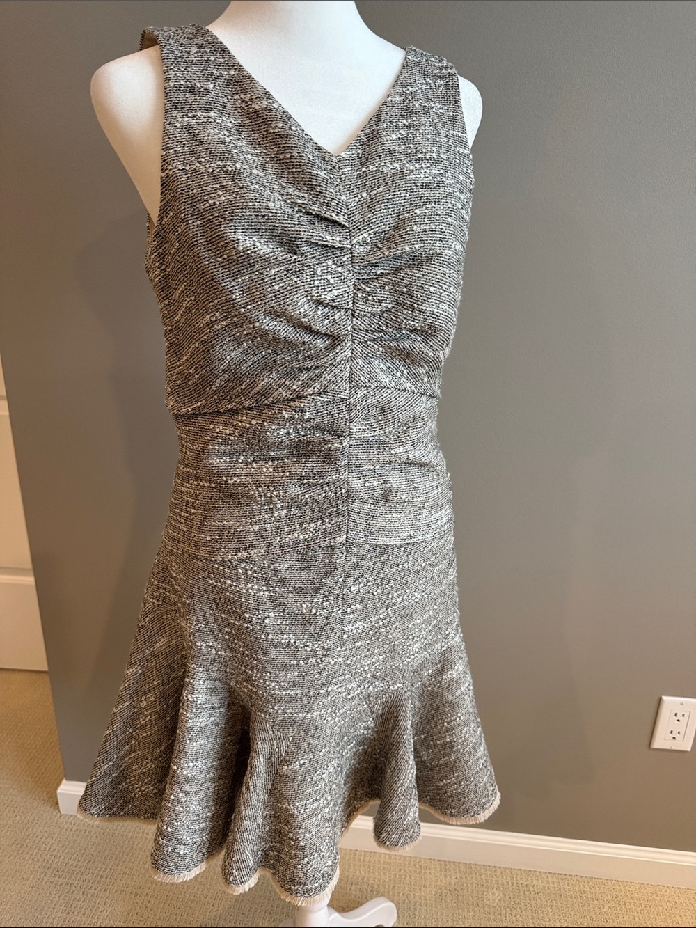 Halston Heritage Ruched Tweed V-Neck Flare Hem Dress Size 8
